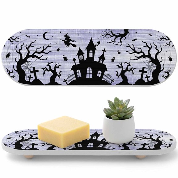 Halloween Diatomaceous Earth Coasters, Goth Flying Witch Haunted Castle Tree Silhouette Purple Water Absorbent Diatomite Coaster, Bathroom Tray Stone Dish Drying Mat Kitchen Sink Tray 12x4in