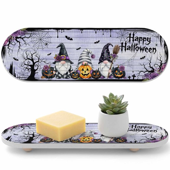 Halloween Diatomaceous Earth Coasters, Spooky Gnomes Gingham Country Floral Flying Bats Purple Water Absorbent Diatomite Coaster, Bathroom Tray Stone Dish Drying Mat Kitchen Sink Tray 12x4in
