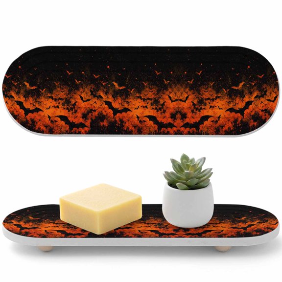 Halloween Diatomaceous Earth Coasters, Spooky Red Night Fire Clouds Darkness Black Bats Water Absorbent Diatomite Coaster, Bathroom Tray Stone Dish Drying Mat Kitchen Sink Tray 12x4in