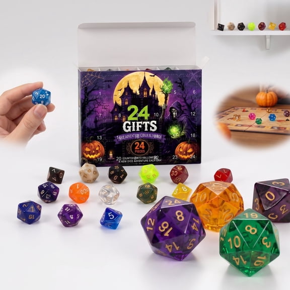 Halloween Dice Advent Calendar, 24 Days Countdown Advent Box with Polyhedral Dice Set, RPG DND Game Dice Advent Gift for Tabletop Game Lovers