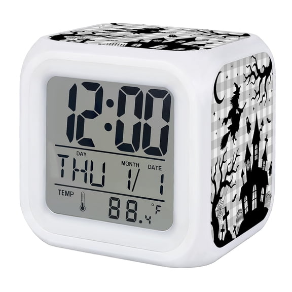 Halloween Digital Alarm Clock for Bedrooms,Smart LED Alarm Clock with 7 Color Changing Night Light,Black Ghost Bats Witch Silhouette Horror Plaid Gray Silent Wake Up Clocks for Sleep Study 3.2"x3.2"