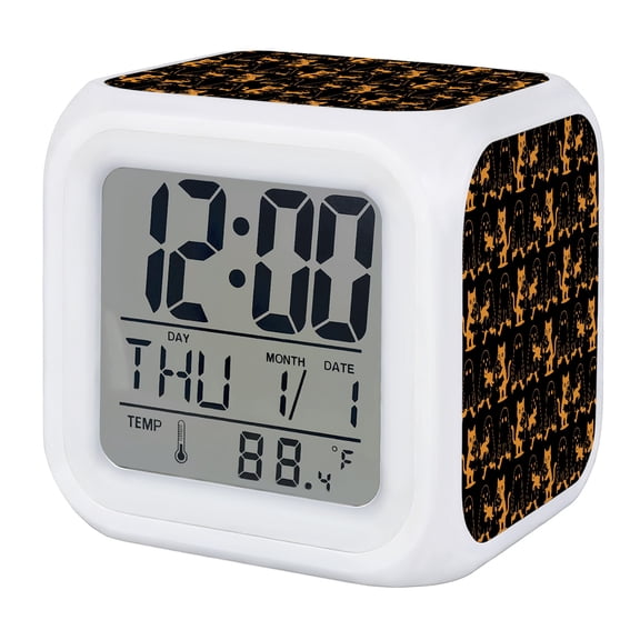 Halloween Digital Alarm Clock for Bedrooms, Smart LED Alarm Clock with 7 Color Changing Night Light, Black Orange Cartoon Scary Ghosts Cat Silent Wake Up Clocks for Sleep Study Cooking 3.2"x3.2"