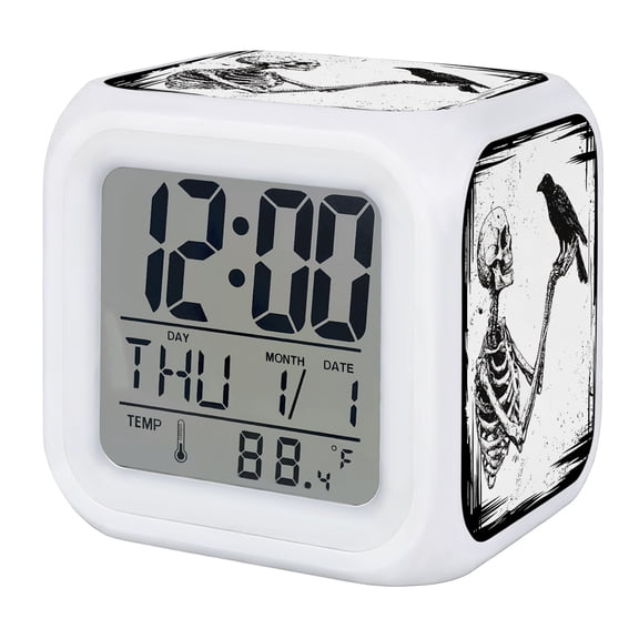 Halloween Digital Alarm Clock for Bedrooms, Smart LED Alarm Clock with 7 Color Changing Night Light, Black Skull Crow White Silent Wake Up Clocks for Sleep Study Cooking 3.2"x3.2"