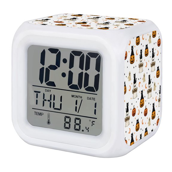 Halloween Digital Alarm Clock for Bedrooms, Smart LED Alarm Clock with 7 Color Changing Night Light, Cats Ghosts Star Moon Pumpkins Silent Wake Up Clocks for Sleep Study Cooking 3.2"x3.2"