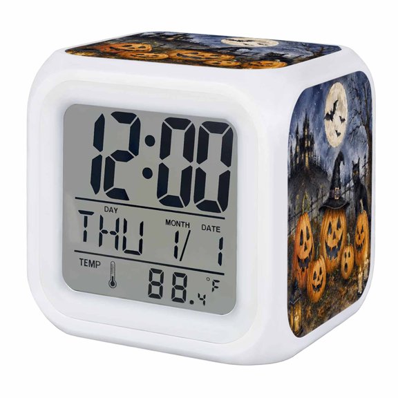 Halloween Digital Alarm Clock for Bedrooms,Smart LED Alarm Clock with 7 Color Changing Night Light,Fall Spooky Pumpkins Cats Bats Haunted-House Rustic Silent Wake Up Clocks for Sleep Study 3.2"x3.2"