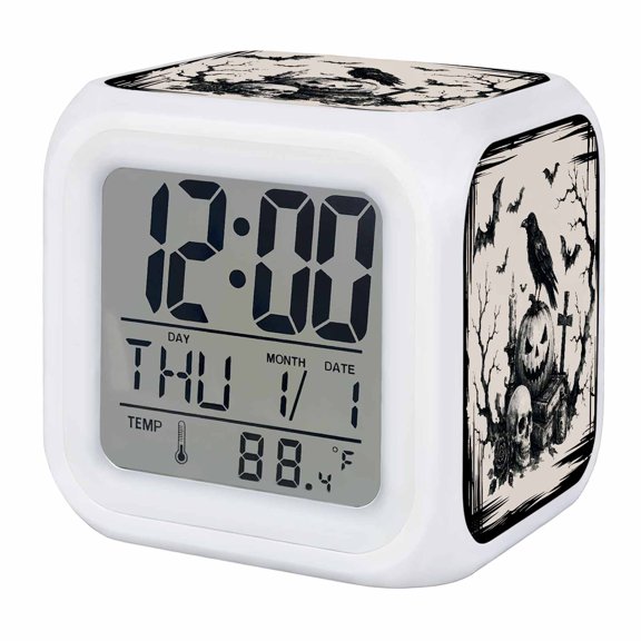 Halloween Digital Alarm Clock for Bedrooms,Smart LED Alarm Clock with 7 Color Changing Night Light,Farmhouse Skulls Pumpkins Crow Bats Spooky Rustic Silent Wake Up Clocks for Sleep Study 3.2"x3.2"