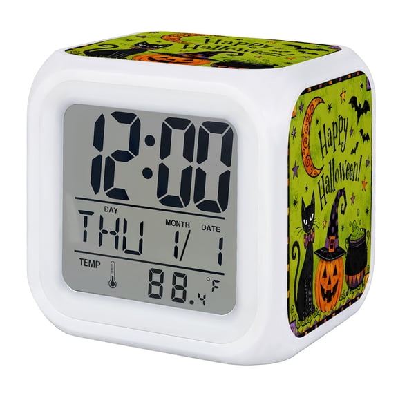 Halloween Digital Alarm Clock for Bedrooms,Smart LED Alarm Clock with 7 Color Changing Night Light,Green Horror Orange Pumpkin Cat Bat Star Moon Silent Wake Up Clocks for Sleep Study 3.2"x3.2"