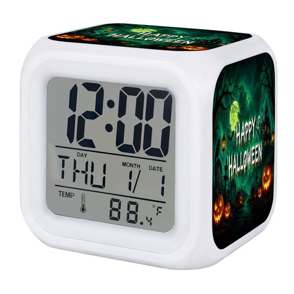 Halloween Digital Alarm Clock for Bedrooms,Smart LED Alarm Clock with 7 Color Changing Night Light,Green Spooky Pumpkin Ghost Moonlight Castle Silent Wake Up Clocks for Sleep Study Cooking 3.2"x3.2"