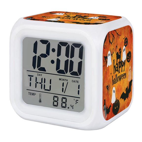 Halloween Digital Alarm Clock for Bedrooms, Smart LED Alarm Clock with 7 Color Changing Night Light, Spooky Autumn Orange Cat Pumpkins Silent Wake Up Clocks for Sleep Study Cooking 3.2"x3.2"