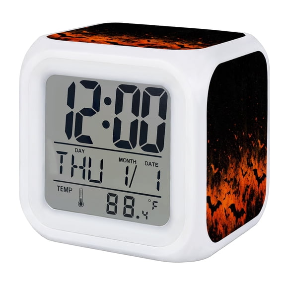 Halloween Digital Alarm Clock for Bedrooms, Smart LED Alarm Clock with 7 Color Changing Night Light, Spooky Night Fiery Glow Bat Swarm Silent Wake Up Clocks for Sleep Study Cooking 3.2"x3.2"