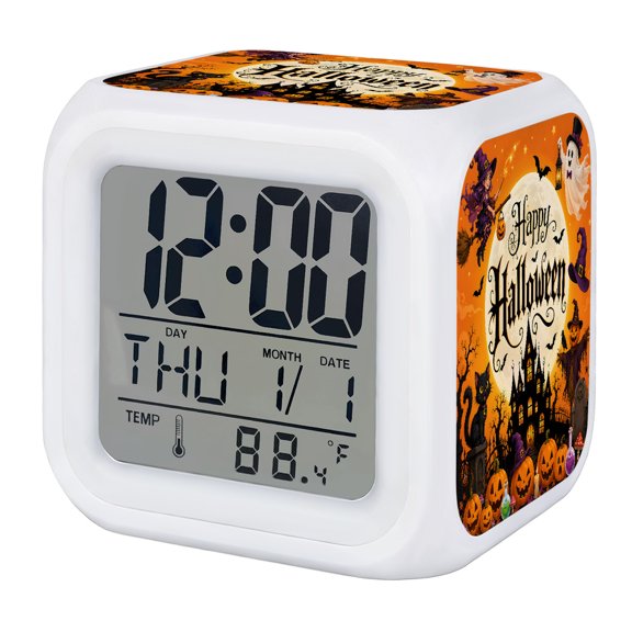 Halloween Digital Alarm Clock for Bedrooms,Smart LED Alarm Clock with 7 Color Changing Night Light,Witch Ghost Pumpkins Castle Black Cat Holiday Silent Wake Up Clocks for Sleep Study 3.2"x3.2"