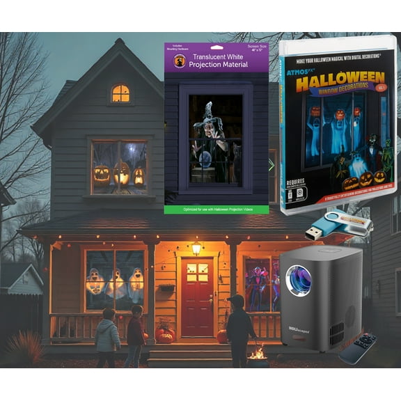 Halloween Digital Decoration Kit Includes 8 AtmosFX Video Effects for Halloween Plus HD Super Bright Projector and 48 x 72 Holographic Projection Screen
