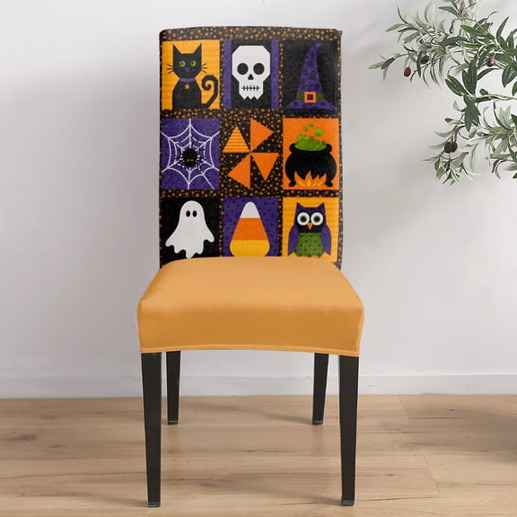 Halloween Dining Chair Covers Set of 4, Retro Spooky Black Cat Skull Witch Hat Spiderweb Candy Corn Chair Covers for Dining Room Removable Seat Protectors Slipcovers for Home Party Wedding Banquet