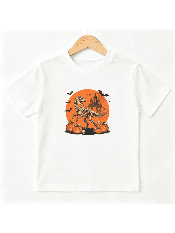 Halloween Dino Skeleton Boys Graphic Tee, Spooky Pumpkin Castle 100% Cotton Kids Short Sleeve T-Shirt