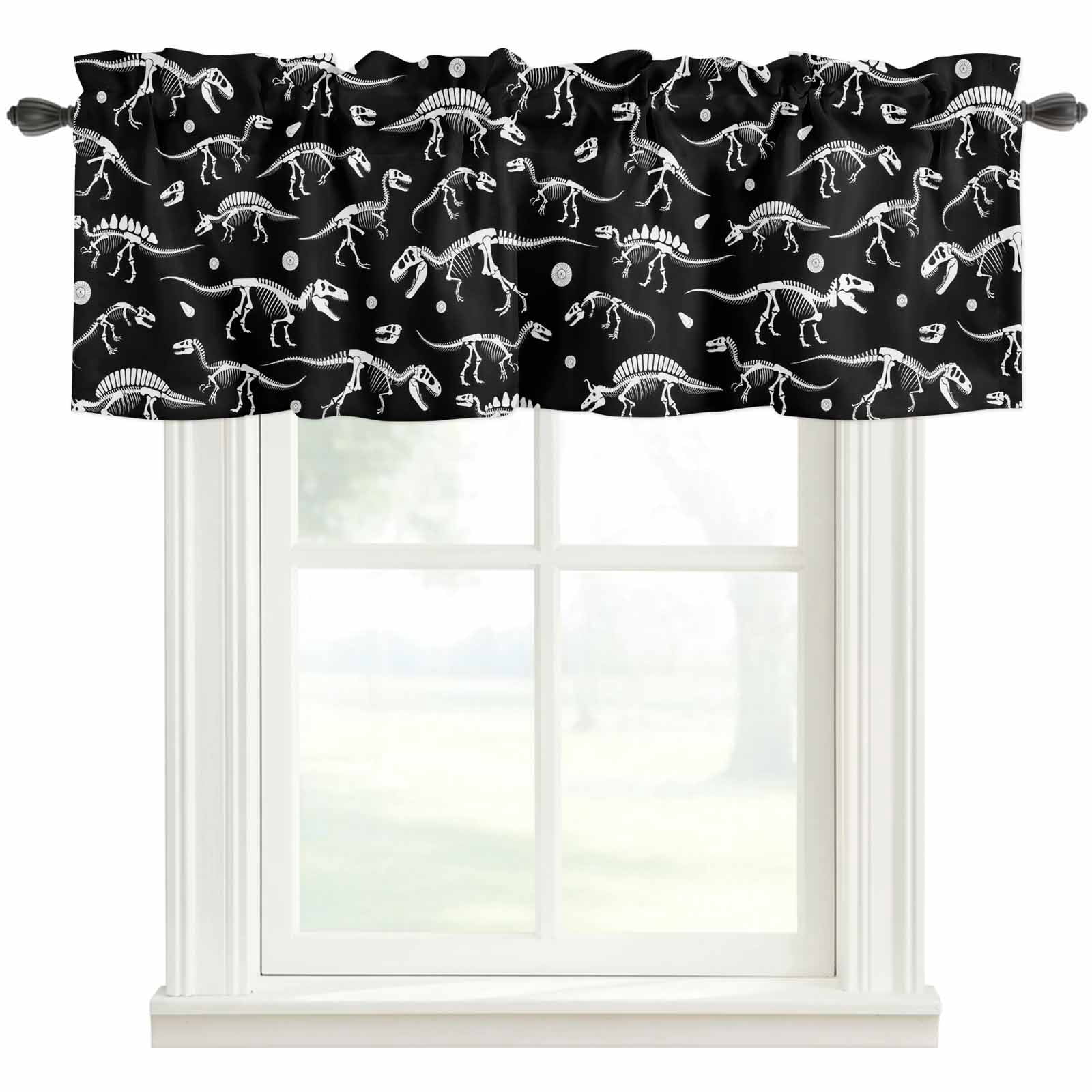 Halloween Dinosaur Black Kitchen Valances for Windows, Funny Dino Skull Boys Girls Children Bathroom Window Valances 60x18 Inch Window Treatments Valance Curtains for Living Room Bedroom Decor