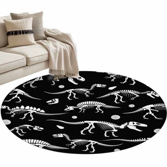 Halloween Dinosaur Black Round Area Rugs Collection 3', Funny Dino Skull Boys Girls Children Non Slip Indoor Circular Throw Runner Rug Floor Mat Carpet for Living Room Dining Table Bedroom Nursery