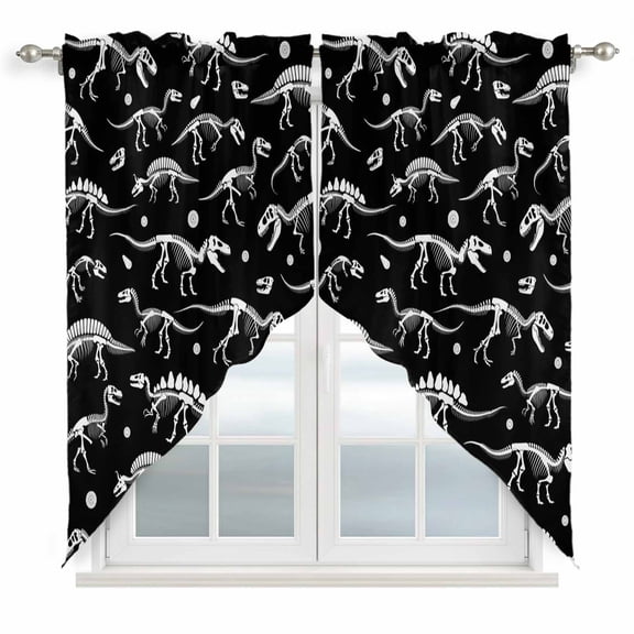 Halloween Dinosaur Black Swag Curtains for Kitchen/Bedroom/Living Room, Funny Dino Skull Boys Girls Children Scalloped Curtains 63 Inch Long, Window Swag Topper Curtains Valances 2 Panels Set 36"x63"