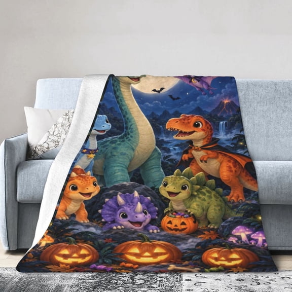 Halloween Dinosaur Blanket Flannel Throw Pumpkin Witch Dinosaur Lover Gift 50x40