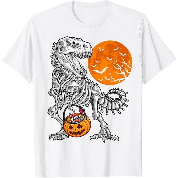 Halloween Dinosaur Bones T rex Scary Pumpkin Moon Unisex T-Shirt for Men Women Kids,White Color,Size L