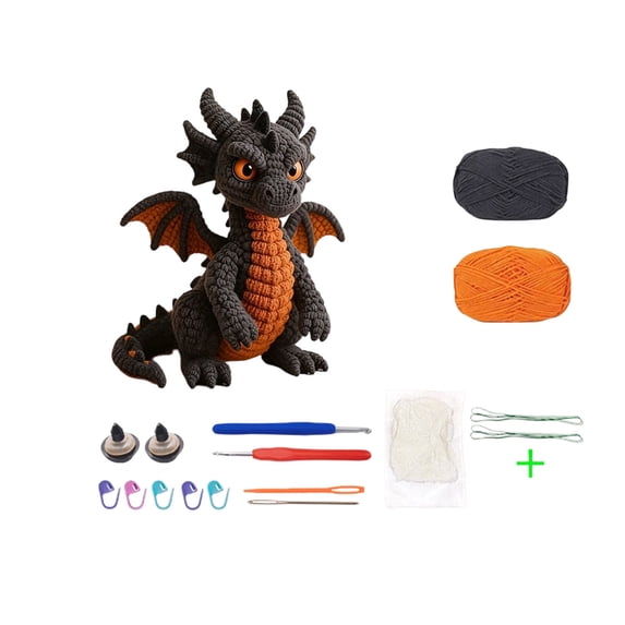 Halloween Dinosaur Crochet Kit, DIY Dragon Doll Crochet Set with Yarn, Hook, Craft Accessories and Filling Cotton