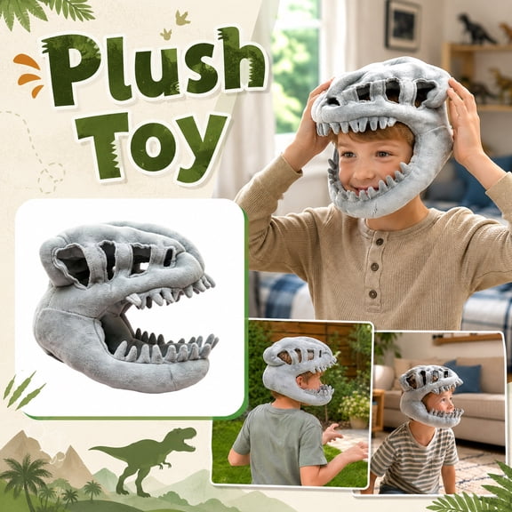 Halloween Dinosaur Skull Head Plush Toys 9.84in, Head-Worn Funny Skull Toys for Halloween Party, Soft Novelty Gag Toys