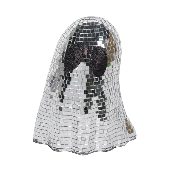 Halloween Disco Ball Ghost Figurine - Silver Sparkly Glitter Ghost Desk Ornament with Mirror Ball Effect, Spooky Shiny Boo Ghost Statue for Party Decor