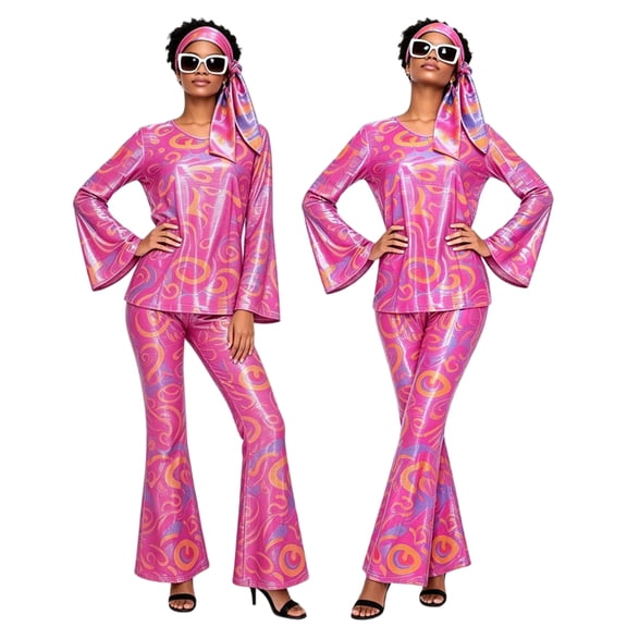 Halloween Disco Party Suit, 70s Disco Metallic Shiny Two Piece Outfit, Bell Sleeve V Neck Top & Flare Pants for Halloween Retro Party Cosplay, Multi Color Glossy Costume Set, Pink XXL