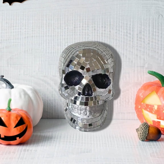 Halloween Disco Skull Decor, Artificial Disco Ball Skeleton Head Status Glitter Mirror Skull Tiered Tray Decor for Halloween Thanksgiving Table Centerpiece Indoor