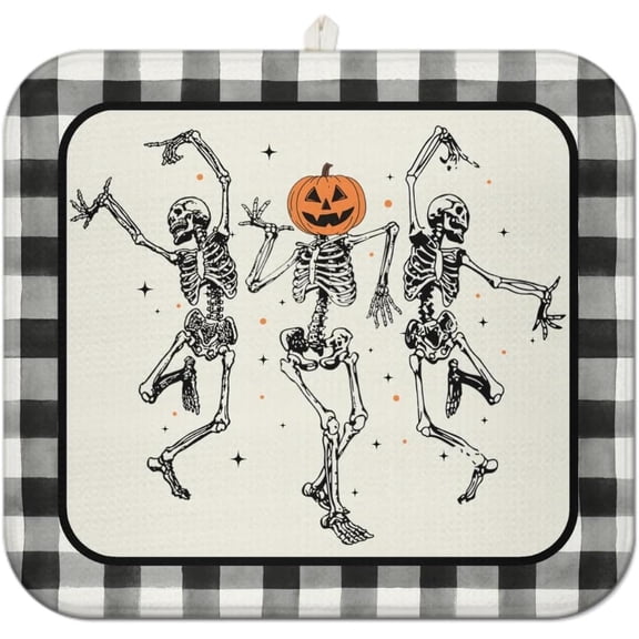 Halloween Dish Drying Mat for Kitchen Counter,Funny Skeleton Pattern Microfiber Drying Mat,Black and White Buffalo Plaid Background Washable Absorbent Countertop Holiday Dish Mat Drain Mat,16x18In