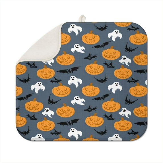 Halloween Dish Drying Mat for Kitchen Counter Pumpkin Spooky Ghosts Fall Dish Mat Absorbent Microfiber Reversible Dish Draining Mat Medium Dishes Pad 16 X 18 Inch