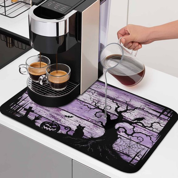 Halloween Dish Drying Mats for Kitchen Counter, Black Cat Goth Tree Silhouette Spiderwebs Purple Wood Grain Absorbent Coffee Bar Mat with Non-slip Rubber Backed Quick Drying Dish Rack Pad 16"x24"