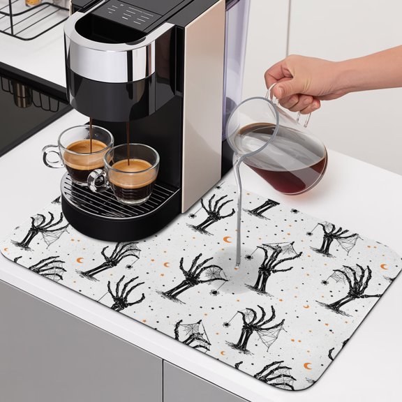 Halloween Dish Drying Mats for Kitchen Counter, Creepy Minimalist Skeletons Zombie Hands Cobweb Moon Absorbent Coffee Bar Mat with Non-slip Rubber Backed Quick Drying Dish Rack Pad 12"x16"