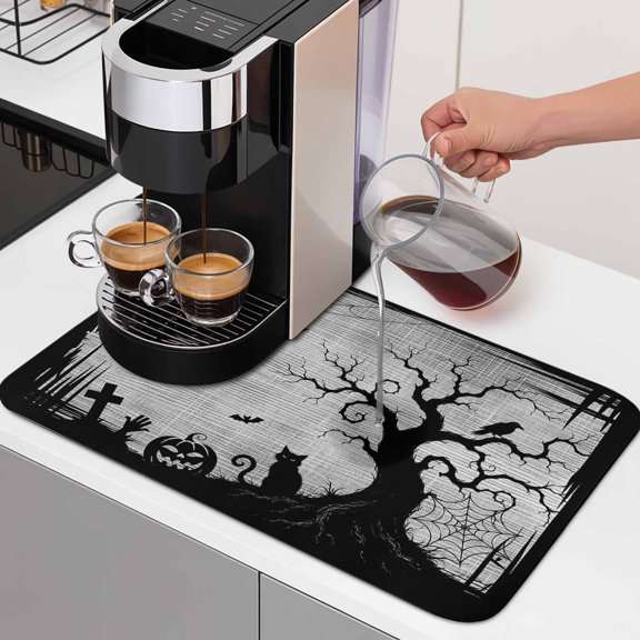 Halloween Dish Drying Mats for Kitchen Counter, Fall Black Cat Goth Tree Silhouette Spiderwebs Ash Gray Absorbent Coffee Bar Mat with Non-slip Rubber Backed Quick Drying Dish Rack Pad 12"x16"