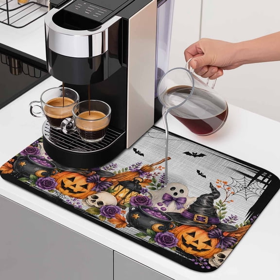 Halloween Dish Drying Mats for Kitchen Counter, Fall Fantasy Ghosts Wizard Hats Spiderwebs Bubbling Potions Absorbent Coffee Bar Mat with Non-slip Rubber Backed Quick Drying Dish Rack Pad 12"x16"