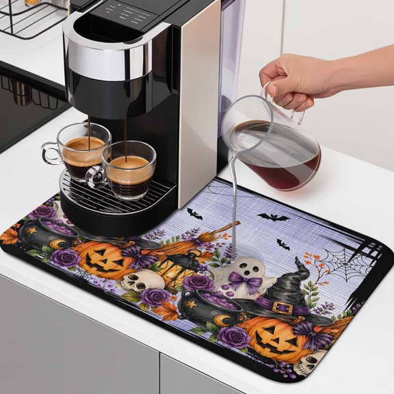 Halloween Dish Drying Mats for Kitchen Counter, Fall Fantasy Ghosts Wizard Hats Spiderwebs Skull Rose Purple Absorbent Coffee Bar Mat with Non-slip Rubber Backed Quick Drying Dish Rack Pad 12"x16"