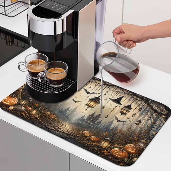 Halloween Dish Drying Mats for Kitchen Counter, Fantasy Magical Forest Pumpkin Hanging Lanterns Absorbent Coffee Bar Mat with Non-slip Rubber Backed Quick Drying Dish Rack Pad 16"x18"