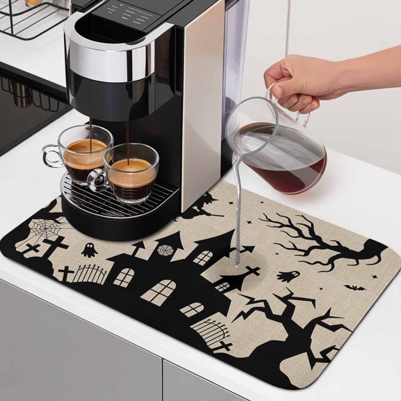 Halloween Dish Drying Mats for Kitchen Counter, Goth Flying Witch Haunted Castle Tree Silhouette Linen Texture Absorbent Coffee Bar Mat with Non-slip Rubber Backed Quick Drying Dish Rack Pad 12"x16"