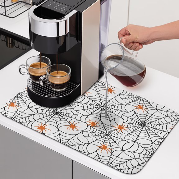 Halloween Dish Drying Mats for Kitchen Counter, Minimalist Orange Creeper Black Cobweb Horror Absorbent Coffee Bar Mat with Non-slip Rubber Backed Quick Drying Dish Rack Pad 12"x16"
