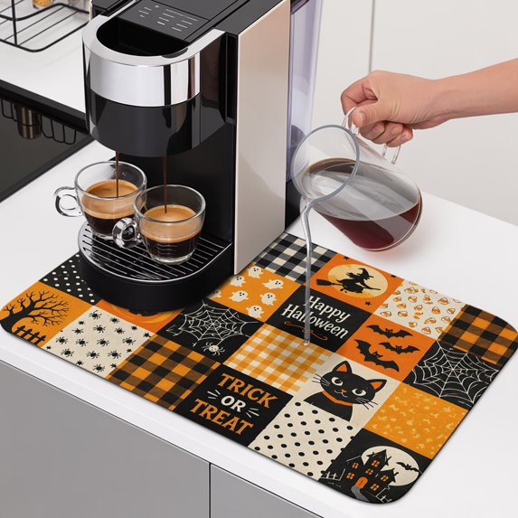 Halloween Dish Drying Mats for Kitchen Counter, Orange Black Plaid Patchwork Pumpkin Cat Ghost Boo Absorbent Coffee Bar Mat with Non-slip Rubber Backed Quick Drying Dish Rack Pad 16"x24"