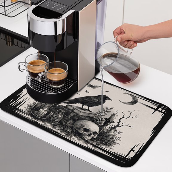Halloween Dish Drying Mats for Kitchen Counter, Perched Black Ravens Goth Skull Dark Academia Mystical Study Absorbent Coffee Bar Mat with Non-slip Rubber Backed Quick Drying Dish Rack Pad 16"x18"