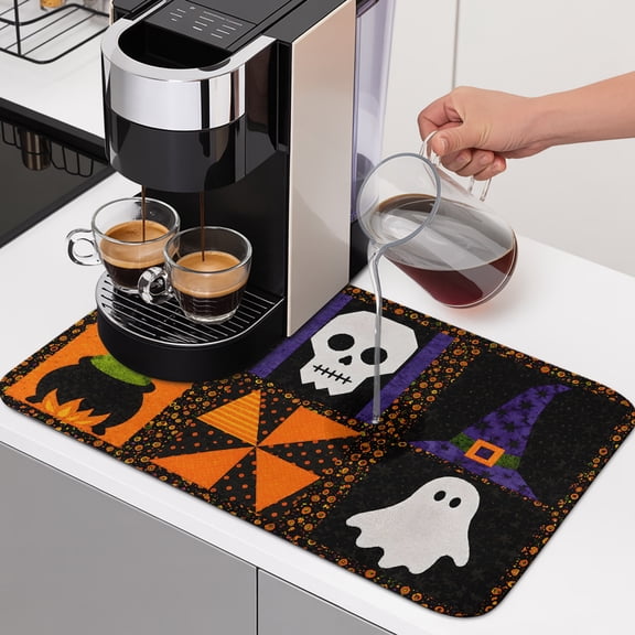 Halloween Dish Drying Mats for Kitchen Counter, Retro Spooky Black Cat Skull Witch Hat Spiderweb Candy Corn Absorbent Coffee Bar Mat with Non-slip Rubber Backed Quick Drying Dish Rack Pad 12"x16"