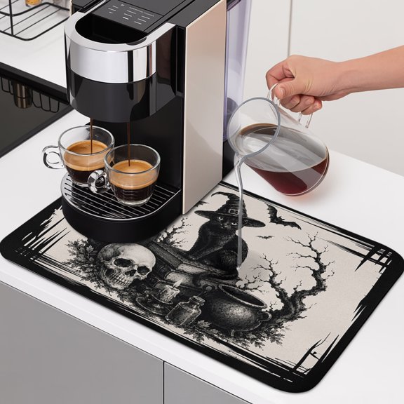Halloween Dish Drying Mats for Kitchen Counter, Vintage Witch Hat Cat Goth Skull Dark Academia Mystical Study Absorbent Coffee Bar Mat with Non-slip Rubber Backed Quick Drying Dish Rack Pad 16"x18"