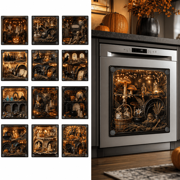 Halloween Dishwasher Magnet Cover 3D Illusion, 58.5x66cm Magnetic Dishwasher Cover with Four Corner Magnets, Skeleton Graveyard Halloween, Haunted House Appliance Decoration, Fall Party Decor