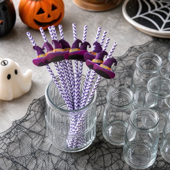Halloween Disposable Paper Straws Set, 24 Straws with Flags and Stickers, 6 Spooky Styles, for Party Drinks and Crafts