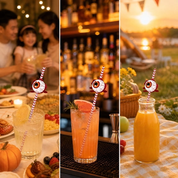 Halloween Disposable Paper Straws Set, 24 Straws with Flags and Stickers, 6 Spooky Styles, for Party Drinks and Crafts