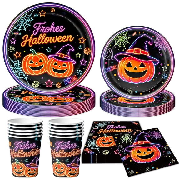 Halloween Disposable Paper Tableware Set, Halloween Plates Cups Napkins Cutlery & Tablecloth for Table Decorations Party Supplies 4Set