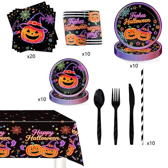 Halloween Disposable Paper Tableware Set, Halloween Plates Cups Napkins Cutlery & Tablecloth for Table Decorations Party Supplies 9Set