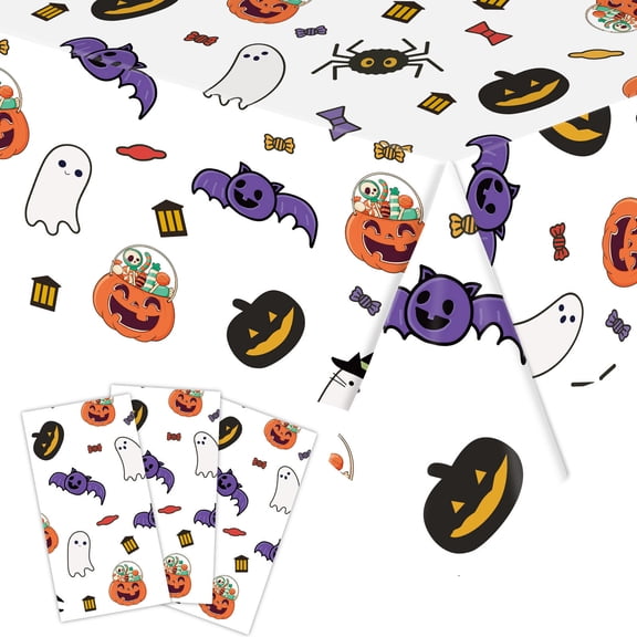 Halloween Disposable Tablecloth for Party 54 x 108'' Plastic Waterproof Table Cover, Pumpkin Bat Skeleton Candy Castle Halloween Background Indoor and Outdoor Birthday