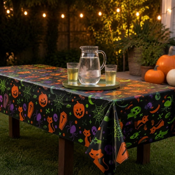 Halloween Disposable Tablecloth, Plastic Rectangular Table Cover, Waterproof Party Supplies for Indoor Outdoor Dining, Easy Cleanup Holiday Celebration, C