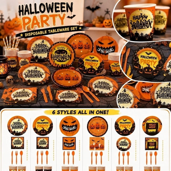 Halloween Disposable Tableware Set, Halloween Party Plates, Halloween Cups for Party, Halloween Napkins, Disposable Forks and Spoons, Jack-O'-Lantern Orange Party Dinnerware Pack